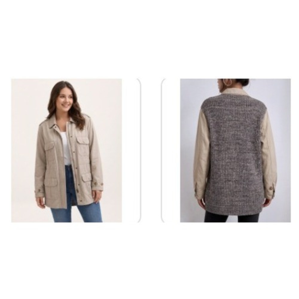 French Connection Mixed Media Utility Field Jacket Size 8 Tan Knit Back Lyocell